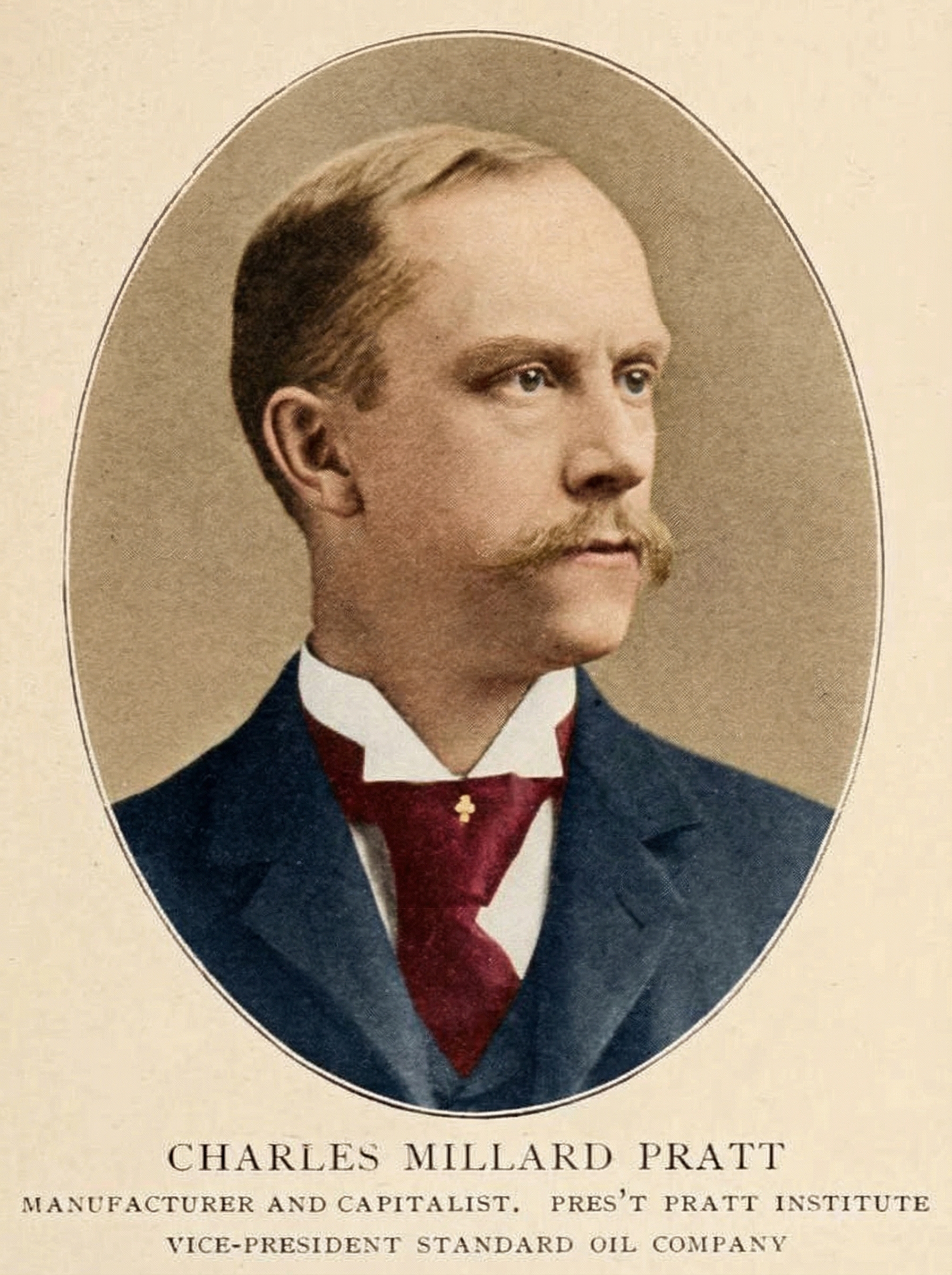 Published portrait of young Charles Millard Pratt identified as manufacturer, capitalist, and Pratt Institute president.
