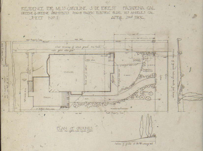 An architectural drawing of the plan of grounds of The Caroline S. de Forest House, showing its relationship to build site.