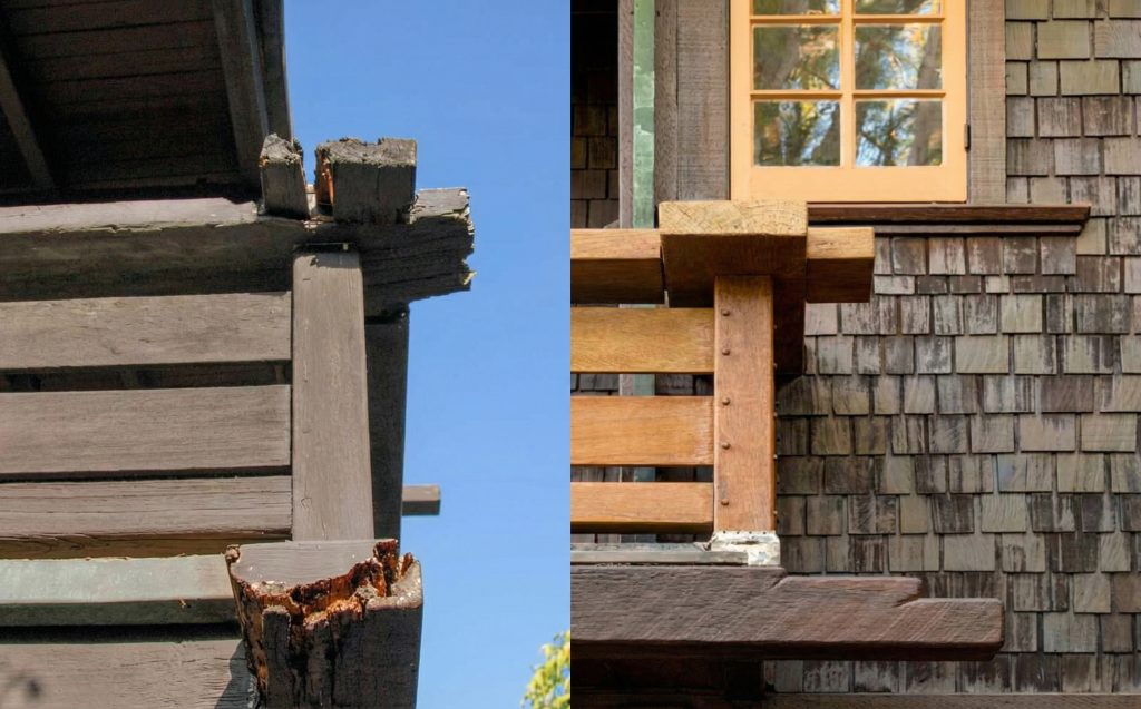 Before and after comparison of deck preservation at the Robert Pitcairn Jr. house demonstrating restoration achievements.