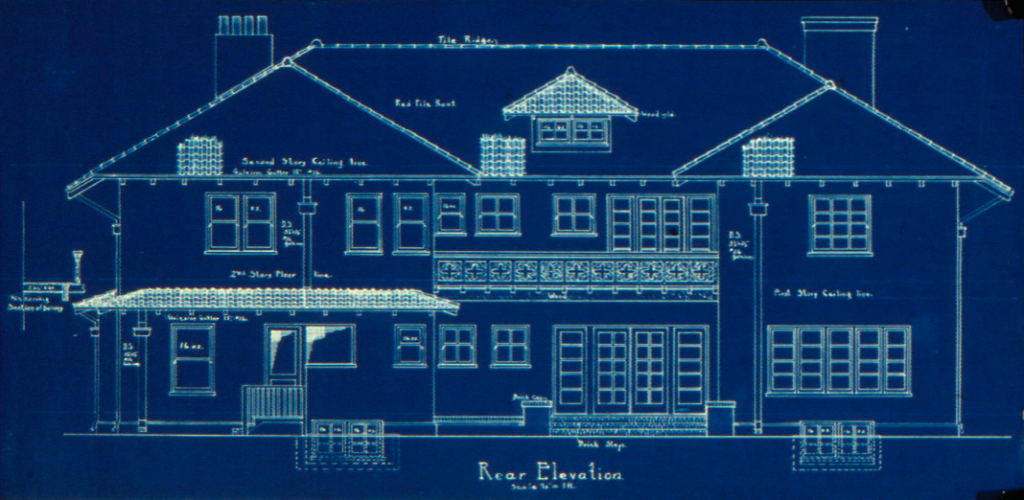 Rear elevation blueprint drawing showing the back facade design of The Judge Joseph H. Pryor House in South Pasadena.