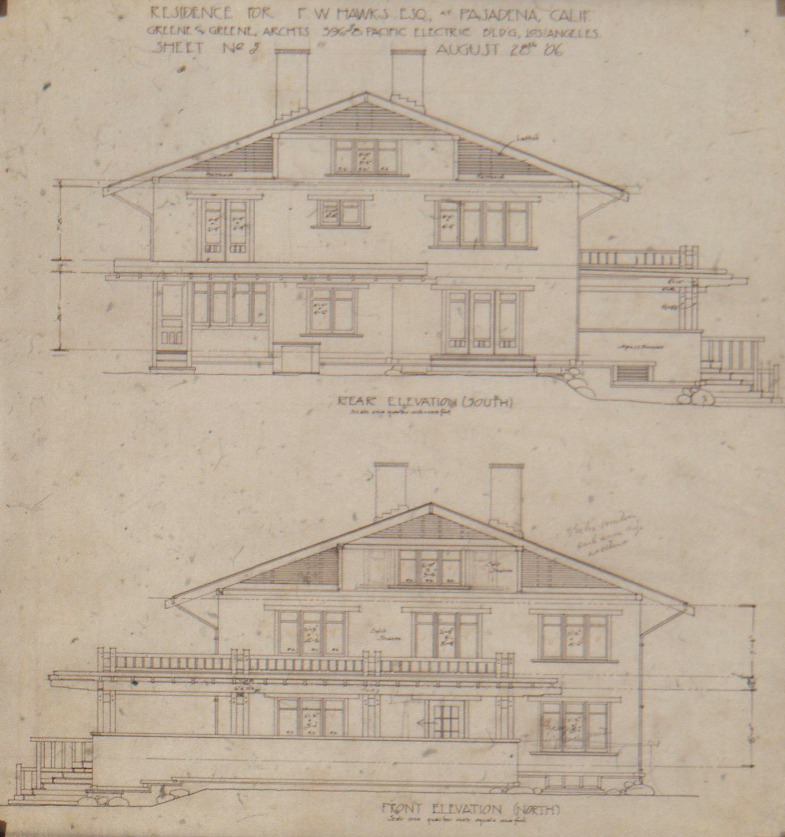 Architectural elevation drawings showing rear (south) and front (north) views of the F. W. Hawks house by Greene & Greene.