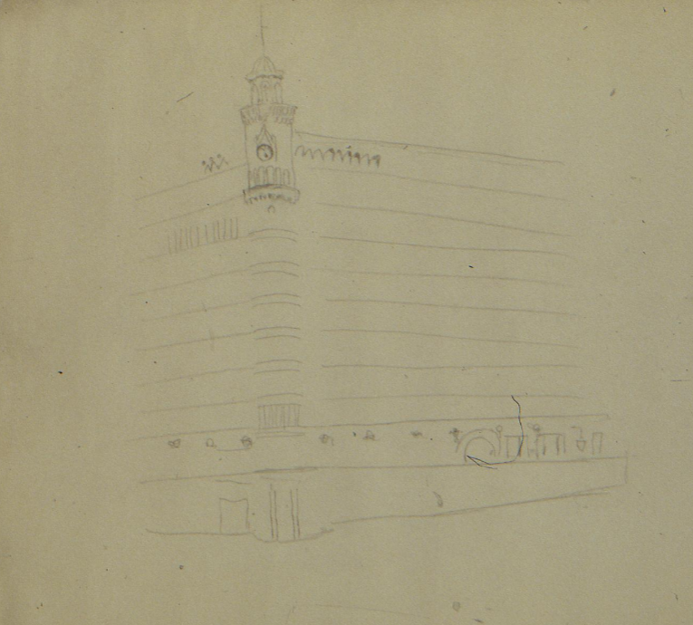 Rough perspective sketch for the 1906 Bank Competition showing exterior with clock tower and classical elements.