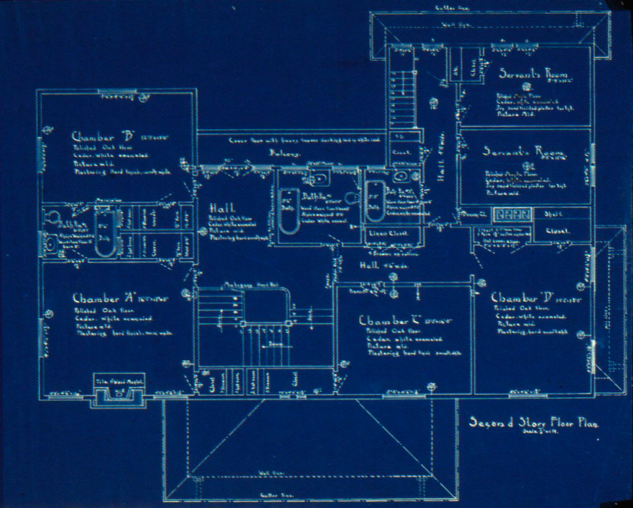 Second floor plan blueprint of The Judge Joseph H. Pryor House detailing bedroom and hallway layouts.