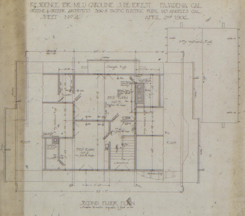 The second-floor plan of The Caroline S. de Forest House, showing the layout of the bedrooms and bathroom under the sloping roofline.