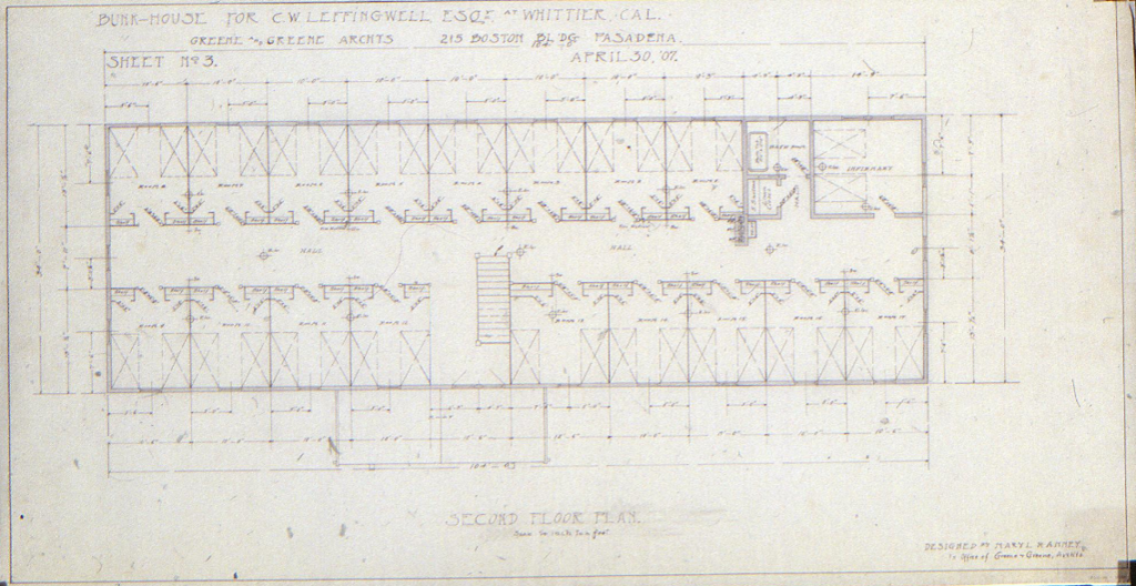 Second floor plan drawing for The Charles W. Leffingwell Bunkhouse designed by Greene & Greene, 1907