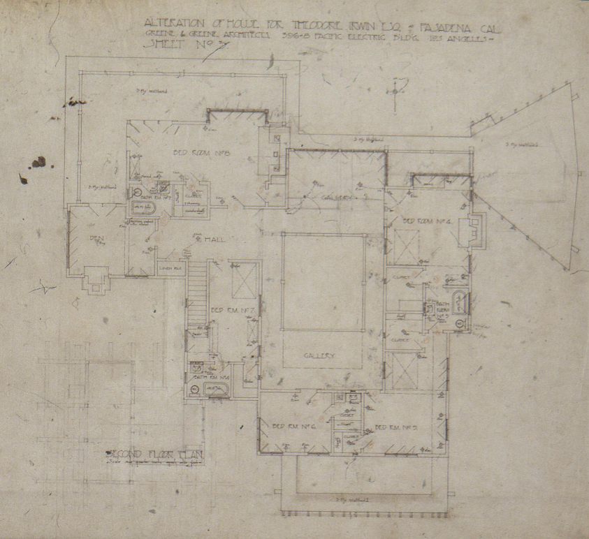 Second-floor plan of The Duncan-Irwin House showing six bedrooms and mezzanine layout.