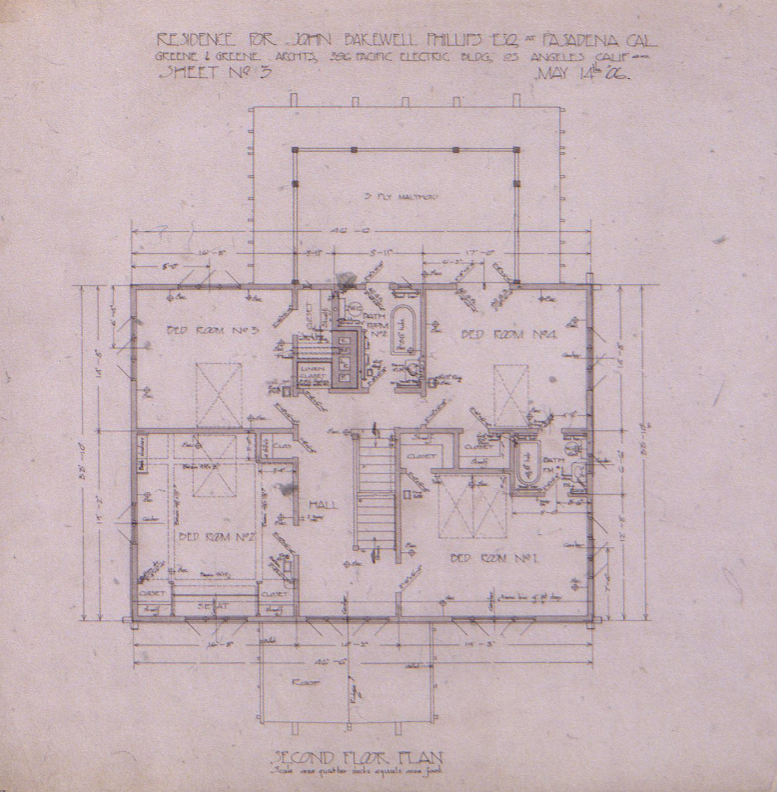 Second floor plan drawing for the John Bakewell Phillips House showing bedroom arrangements and staircase placement.