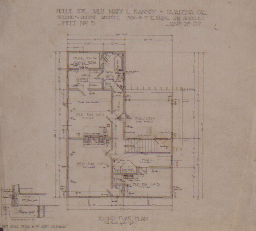 Original 1907 second floor plan drawing of The Mary L. Ranney House depicting bedroom layout and staircase placement.