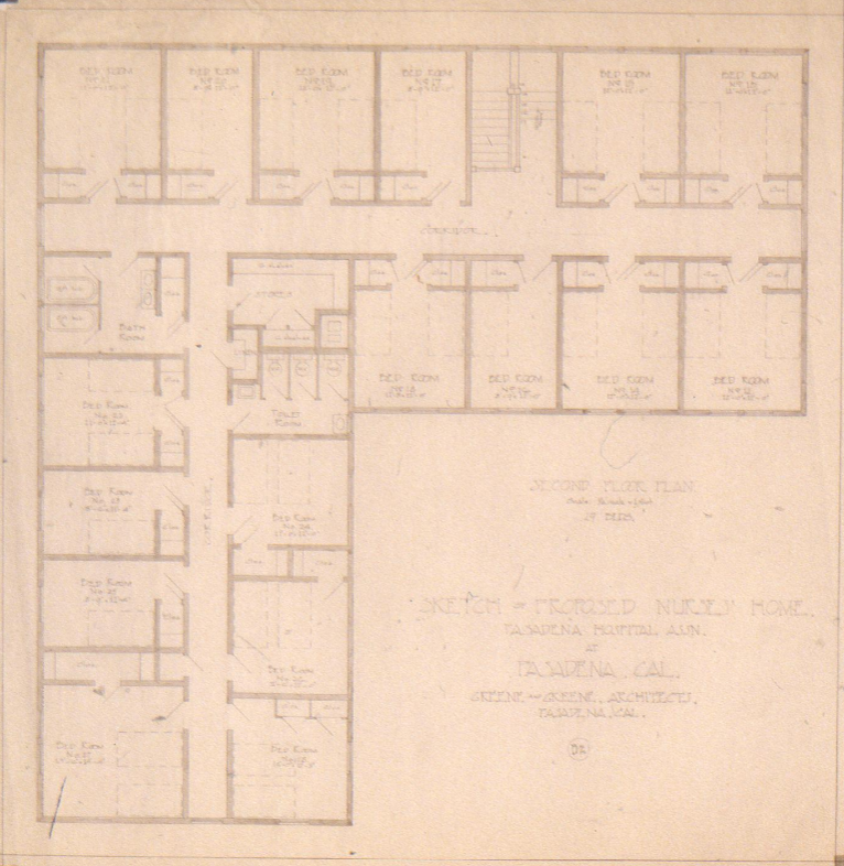 Original 1907 second floor plan drawing for The Pasadena Hospital Association Nurses' Home by Greene & Greene architects.