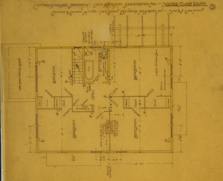 Second floor plan for the van Rossem-Neil House showing four bedrooms, central hall, and bathroom with built-in tub.