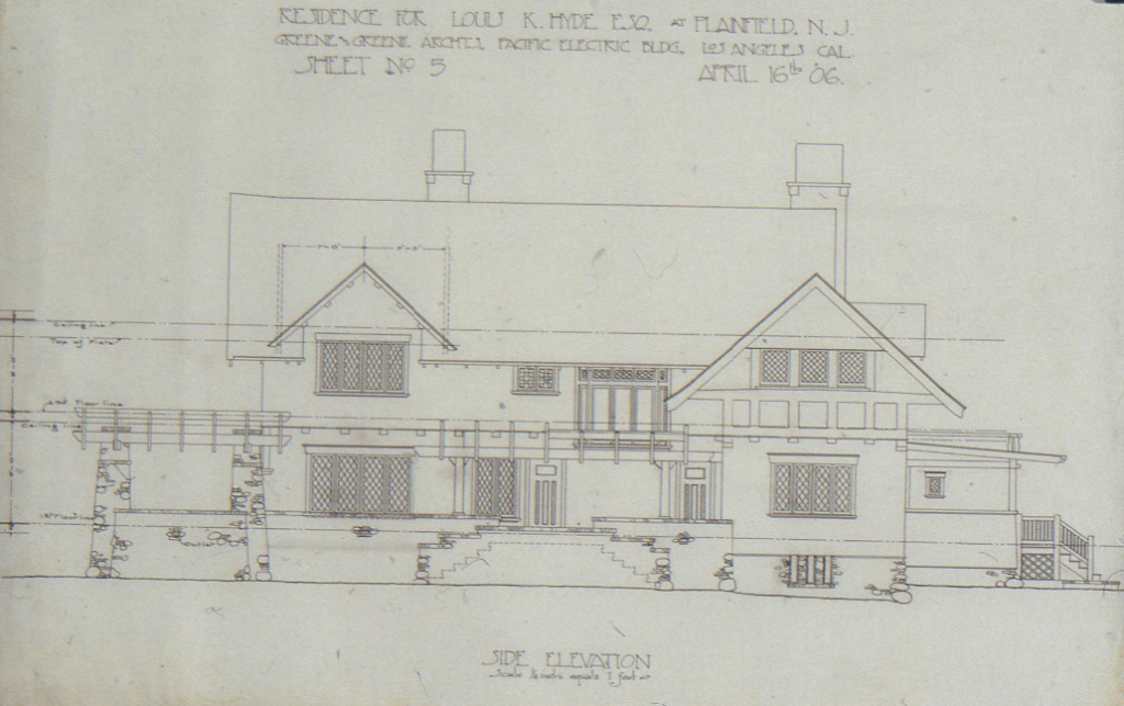 The 1906 side elevation drawing (Sheet No. 5) for the Louis K. Hyde house, revealing its complex massing and porch details.