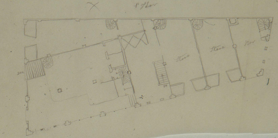 First floor plan sketch for the 1906 Bank Competition featuring banking hall, offices, and public spaces.