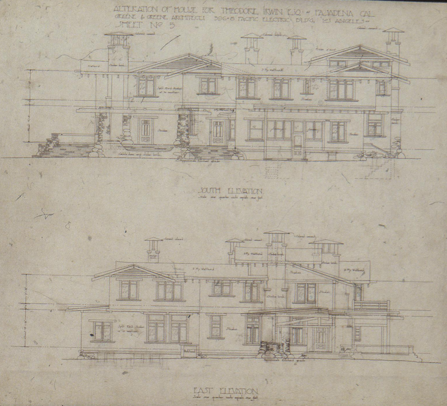 South and east elevation drawing of The Duncan-Irwin House revealing complex rooflines and profile.