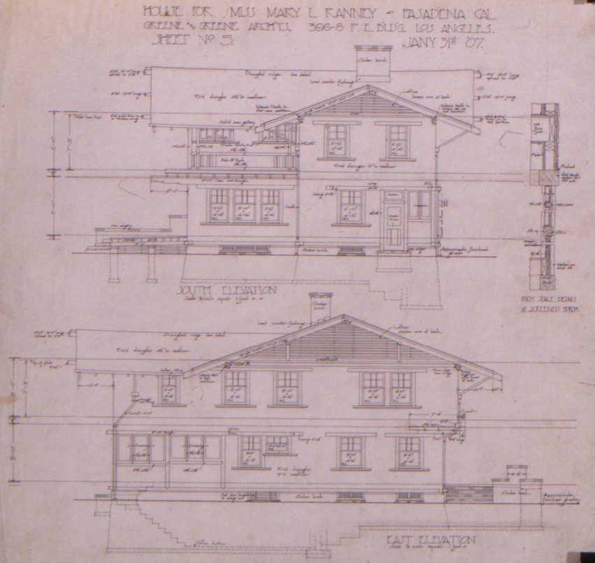 South-east elevation architectural drawing of The Mary L. Ranney House illustrating side facade and roof details.