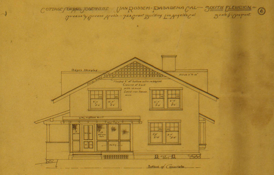 South elevation drawing for the van Rossem-Neil House featuring the shingled gable, grouped windows, and porch details.
