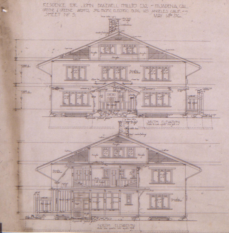 South and north elevation drawings of the John Bakewell Phillips House revealing its Swiss Chalet-inspired cantilever. 