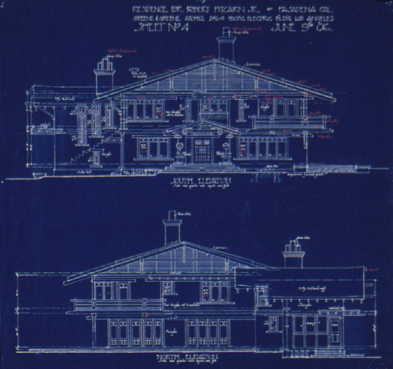 South and north elevation blueprint drawings of the Robert Pitcairn Jr. house showing exterior facade details and proportions.
