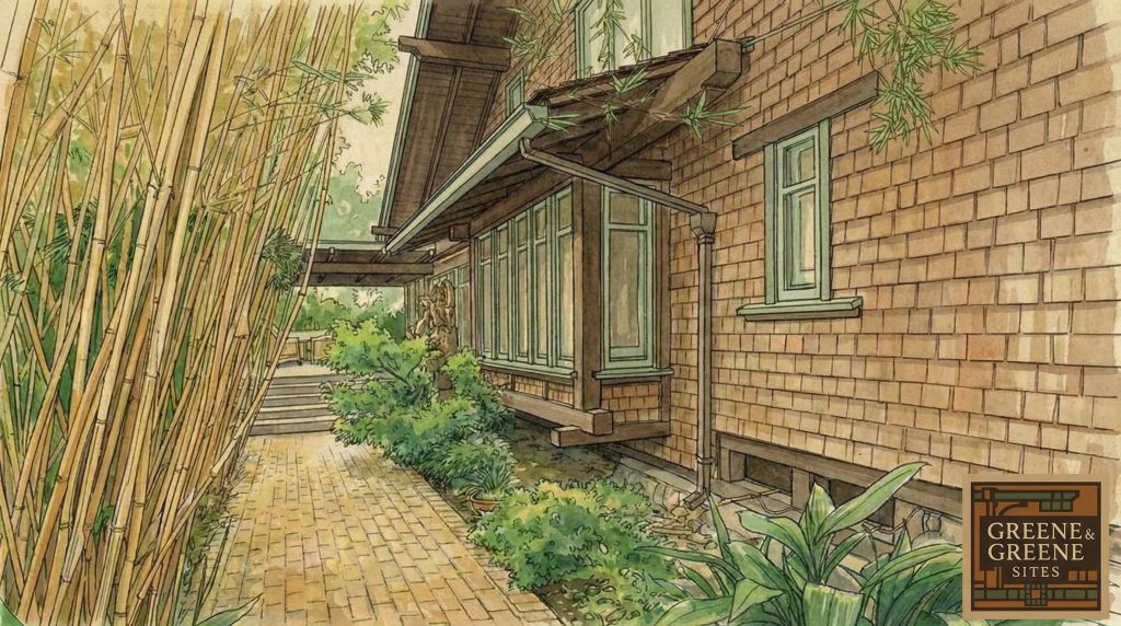 A watercolor and pen drawing of The Caroline S. de Forest House, capturing its charm and sylvan setting, with a descriptive logo.
