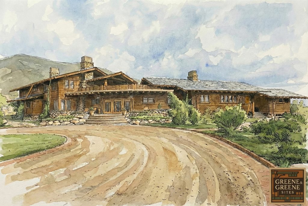Watercolor and pen drawing of the Charles M. Pratt house designed by Greene & Greene and built in 1909