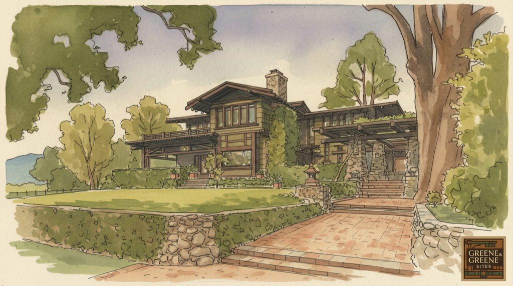 Watercolor and pen artistic rendering of The Duncan-Irwin House capturing its craftsman character.