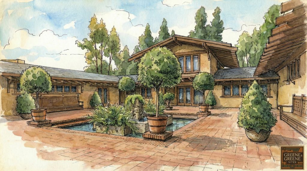 Watercolor and pen drawing of the Freeman A. Ford House designed by Greene & Greene and built from 1906 to 1908.