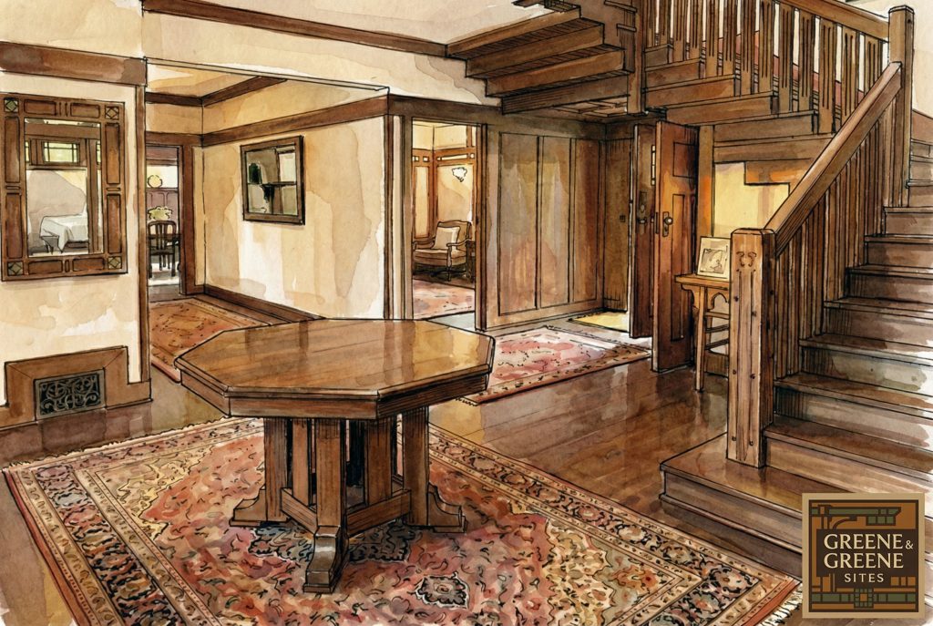 Watercolor and pen drawing of The Judge Joseph H. Pryor House with Greene & Greene logo detail.