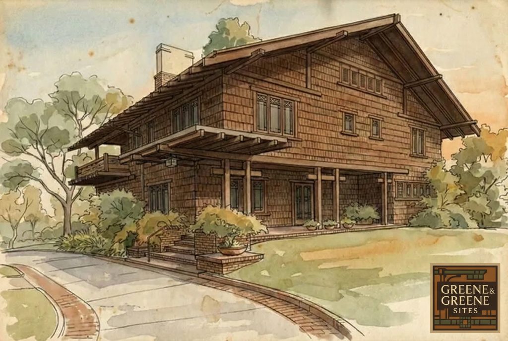 Watercolor and pen drawing of The Margaret B. S. Clapham Spinks House, a 1907 Greene & Greene residence.