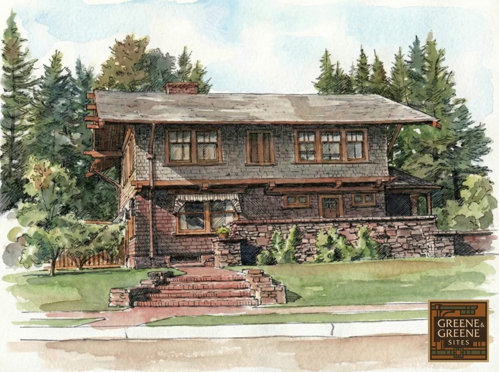 Watercolor and pen illustration of The Mary L. Ranney House capturing its Arts and Crafts character and setting.