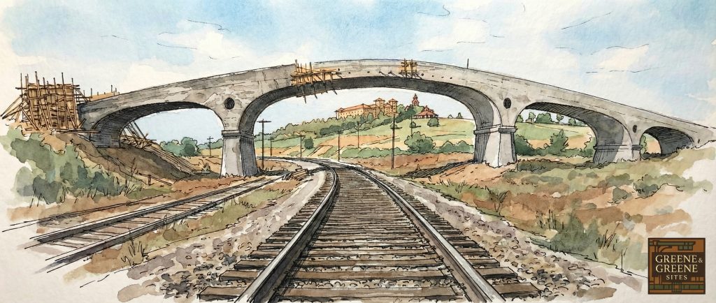 Watercolor illustration depicting the Oaklawn Bridge under construction in 1906, viewed from the railroad tracks looking west. 