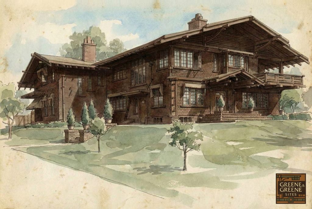 Watercolor and pen illustration of the Robert Pitcairn Jr. house capturing the Craftsman aesthetic and garden integration.