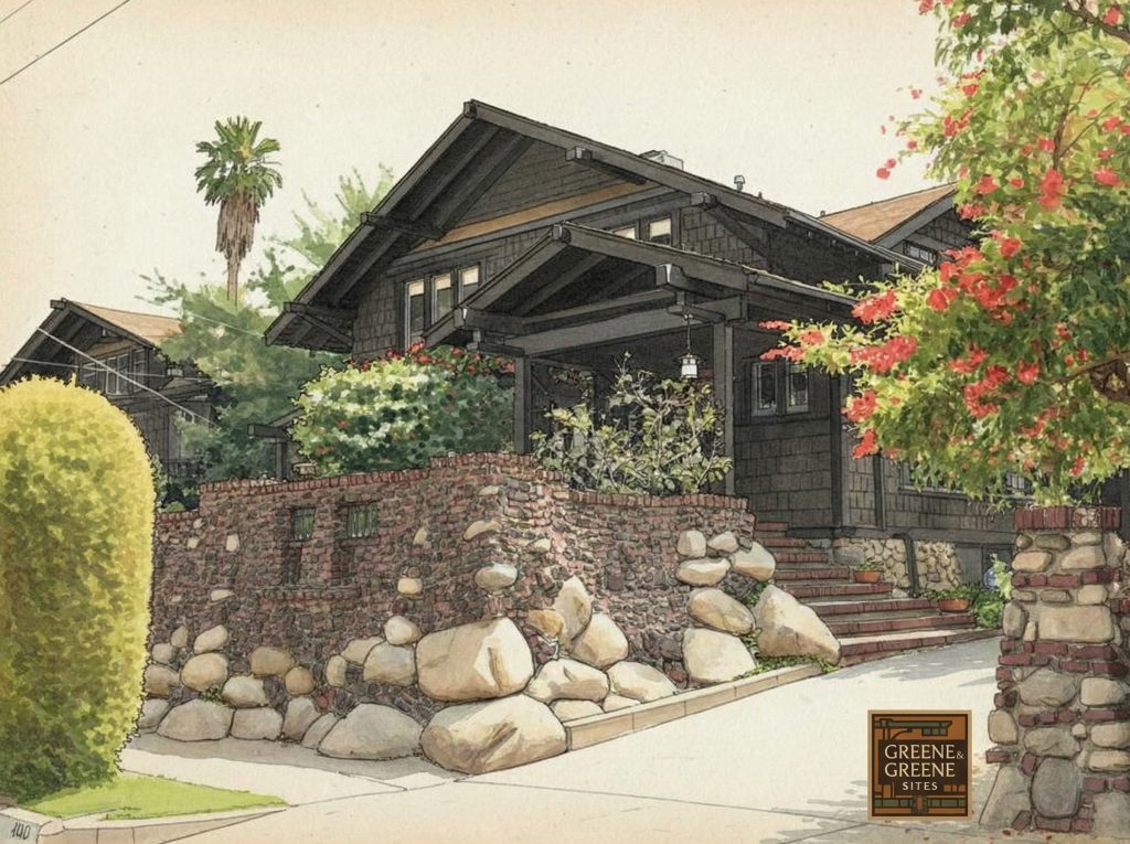 Watercolor and pen drawing of the Mrs. Josephine van Rossem House #1 designed by Greene & Greene and built in 1903.