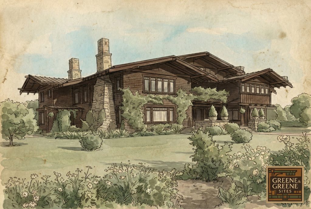 Watercolor and pen rendering of The Mary E. Cole House by Greene & Greene, circa 1906-1907