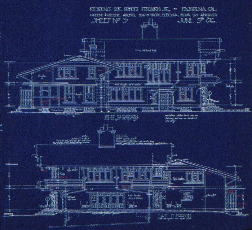 West and east elevation blueprint drawings of the Robert Pitcairn Jr. house depicting side facade profiles and window placements.