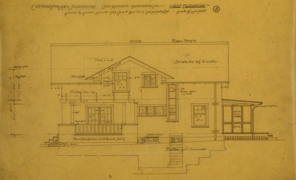 West elevation drawing for the van Rossem-Neil House depicting redwood siding, cobblestone base, and ridge shingles.