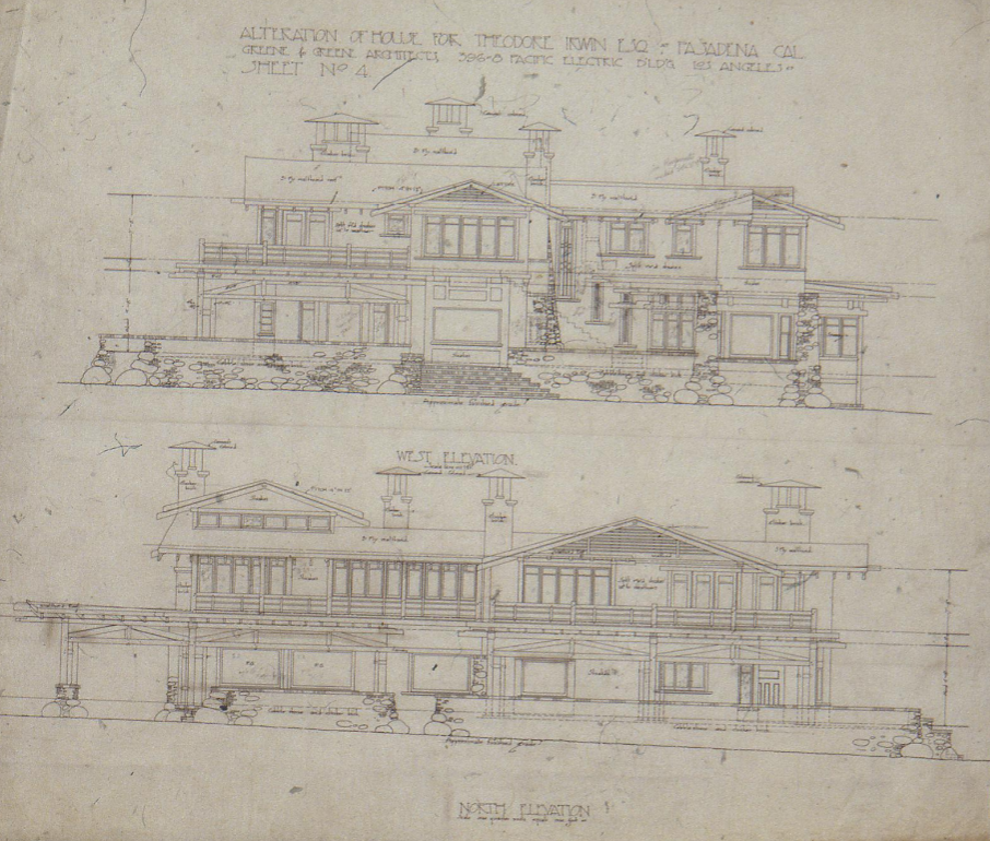 West and north elevation drawing of The Duncan-Irwin House showing street-facing façades.
