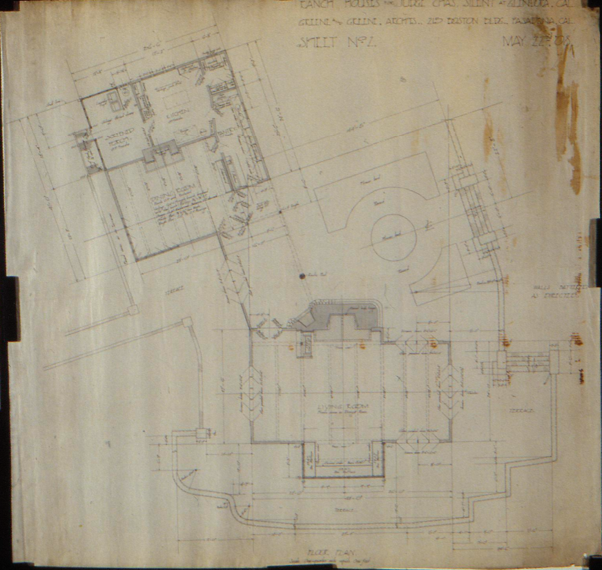 Original floor plan drawing by Greene & Greene for The Judge Charles K. Silent Houses at Rancho Los Alisos