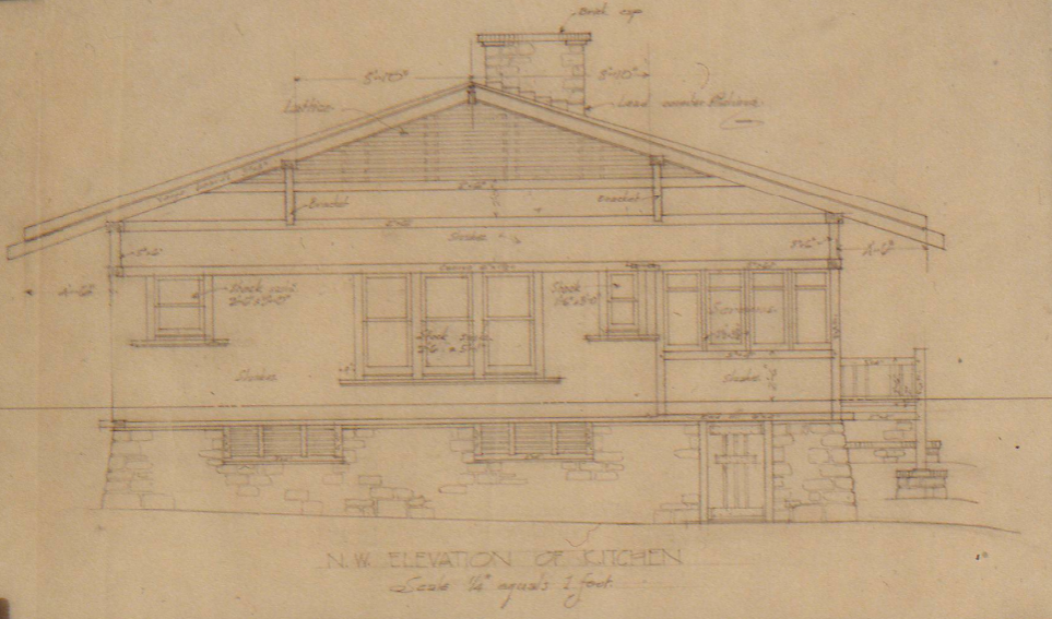 Northwest elevation architectural drawing of the kitchen at The Judge Charles K. Silent Houses in Glendora, CA