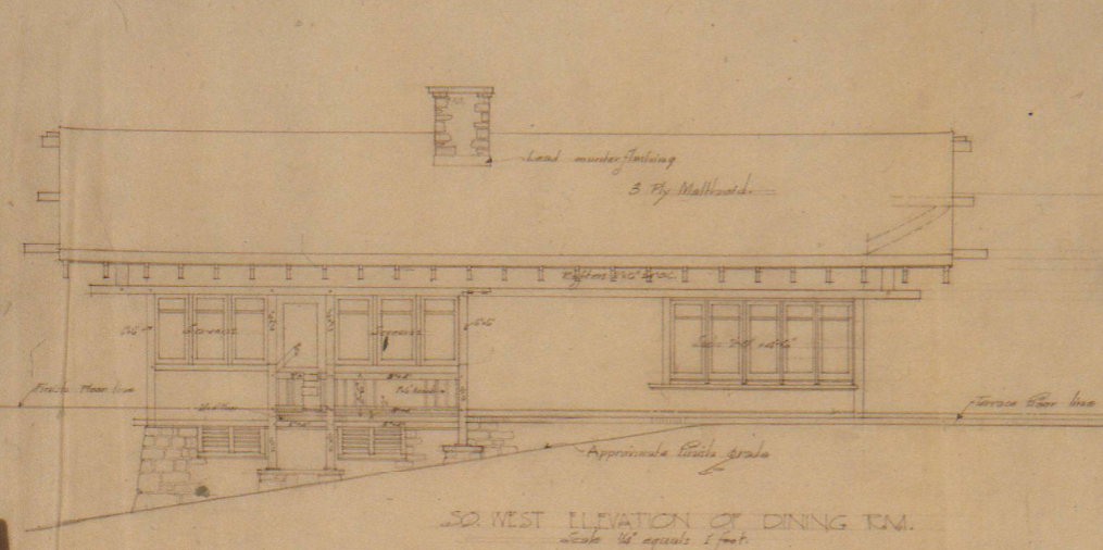 Southwest elevation drawing of the dining room at The Judge Charles K. Silent Houses designed by Greene & Greene