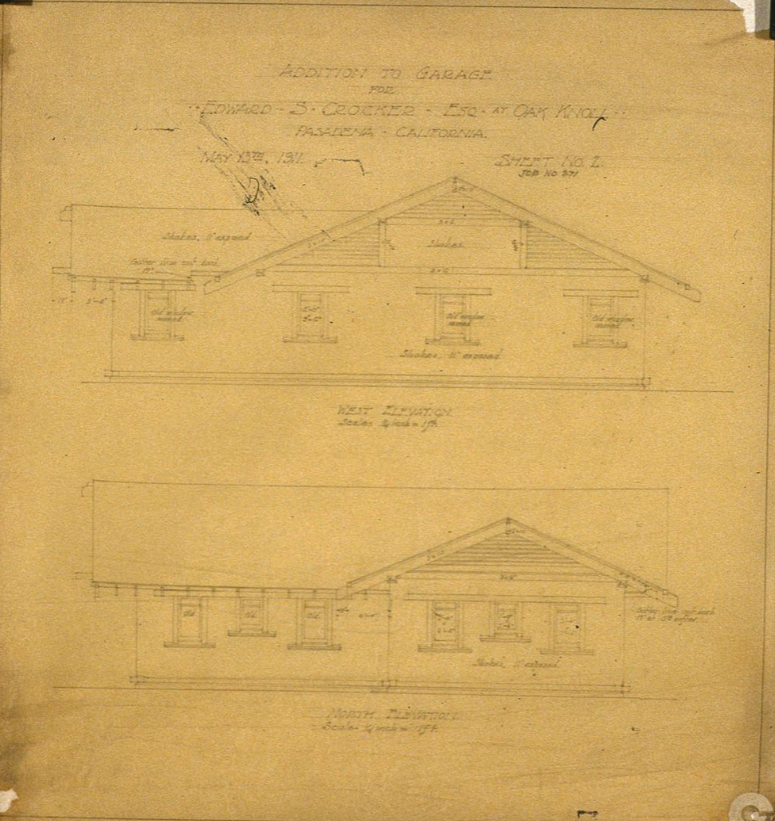 1911 architectural drawing for an addition to the garage at The Dr. S. S. Crow House, showing floor plans and elevations by Greene & Greene.