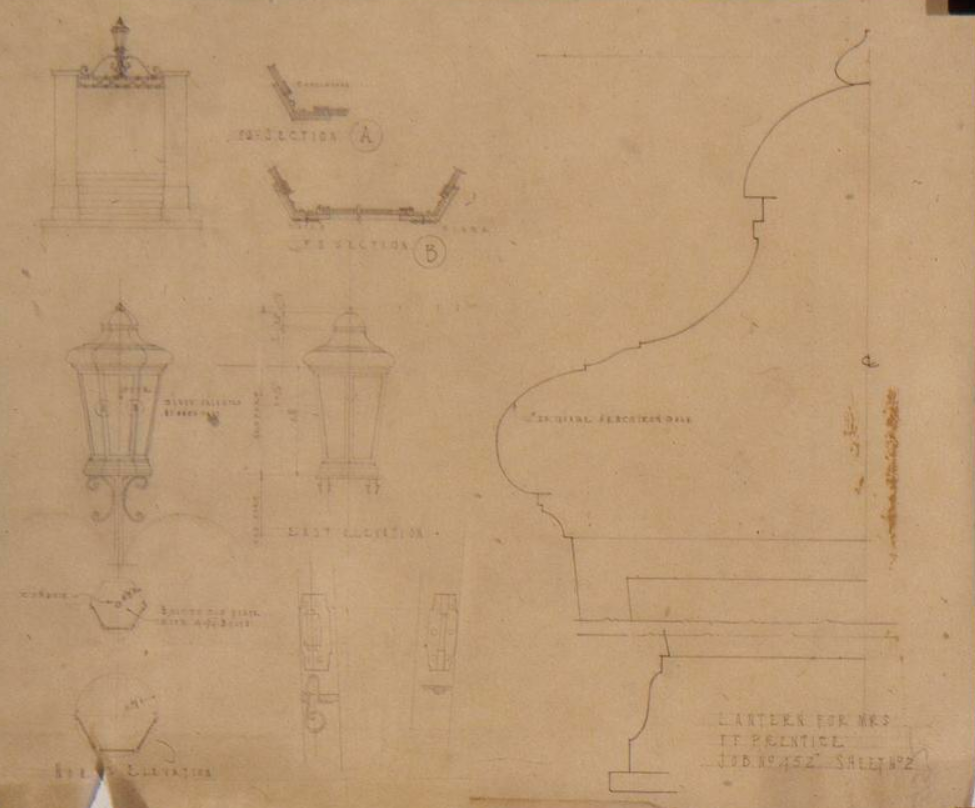 A 1920s architectural drawing for lantern details at the Mrs. Francis Prentiss property — the Cordelia Culbertson House under its post-1917 owner — showing the lantern hood, hanging chain, and bracket profiles at full scale, with dimensions and joinery notations