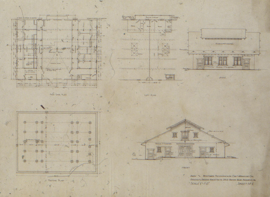 Original architectural drawing by Greene & Greene for the barn at The Mortimer Fleishhacker Estate, showing plans and elevations.