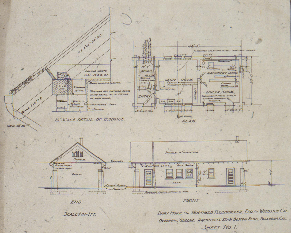 Greene & Greene architectural plan for the Dairy House at The Mortimer Fleishhacker Estate, detailing the layout and elevations.