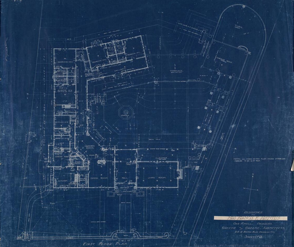 Architectural first-floor plan drawing of the Cordelia A. Culbertson House showing a U-shaped layout of three connected wings enclosing a central rectangular courtyard garden