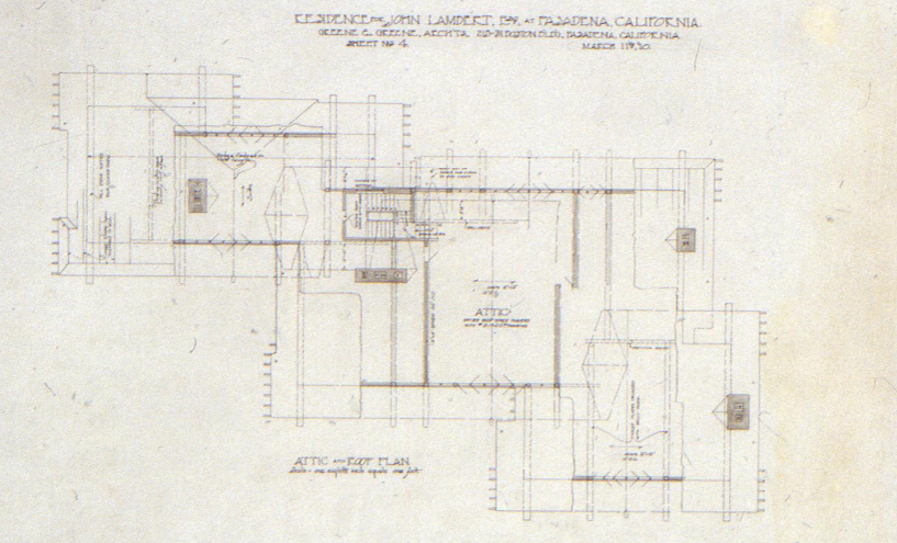 The John Lambert House attic and roof plan drawing by Greene & Greene, Sheet No. 4, March 1910