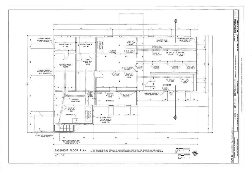 HABS measured basement floor plan drawing of The Sespe Ranch Bunkhouse showing the concrete foundation added during the 1937 relocation