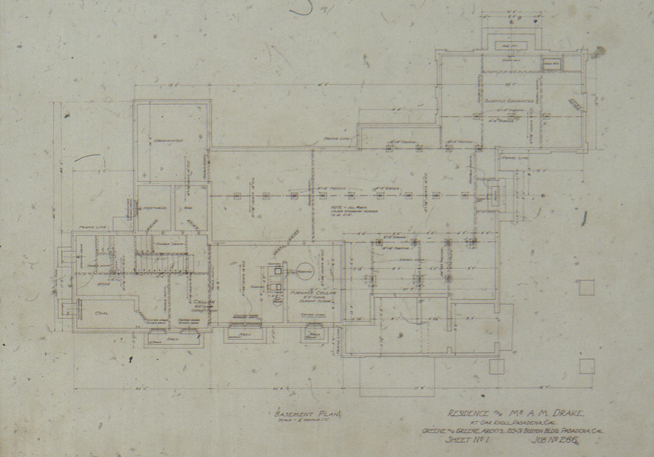 Basement plan drawing of The Mr. A. M. Drake House showing furnace cellar and foundation layout, Sheet No. 1