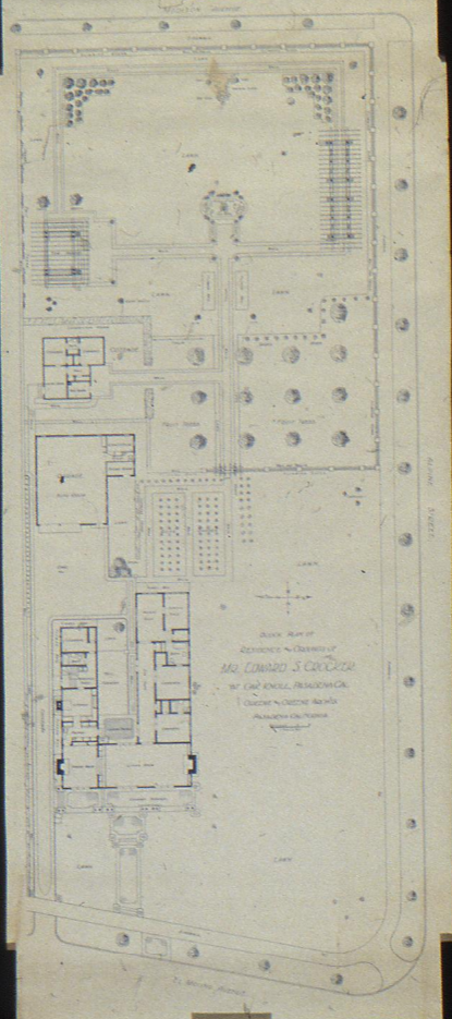 1912 block plan drawing showing the full residence and grounds layout for The Dr. S. S. Crow House, detailing the extensive garden additions.