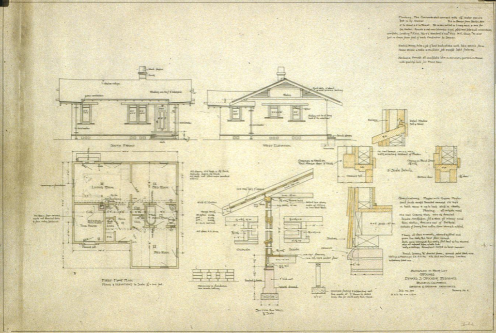 Architectural drawing from 1912 showing the plan for the additional bungalow on the grounds of The Dr. S. S. Crow House by Greene & Greene.