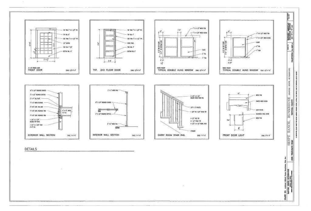 HABS measured architectural details plan drawing of The Sespe Ranch Bunkhouse showing construction elements and structural specifications