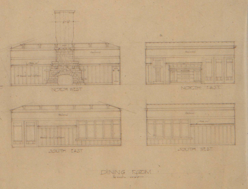 Architectural drawing of dining room interior details at The Judge Charles K. Silent Houses by Greene & Greene